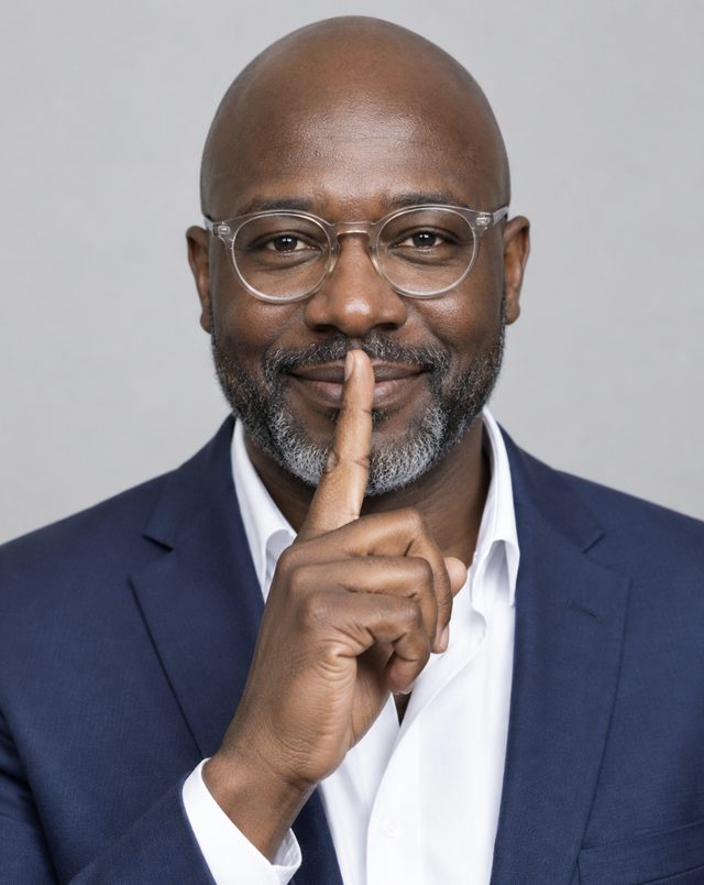 Photo d'origine (portrait fictif) : homme chauve souriant, lunettes claires, barbe grisonnante, doigt sur la bouche
