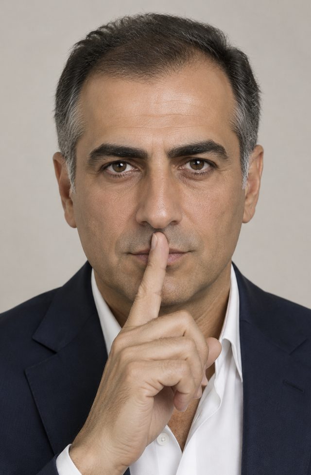 Photo d'origine (portrait fictif) : homme brun aux tempes grisonnantes, veste bleu marine, doigt sur la bouche